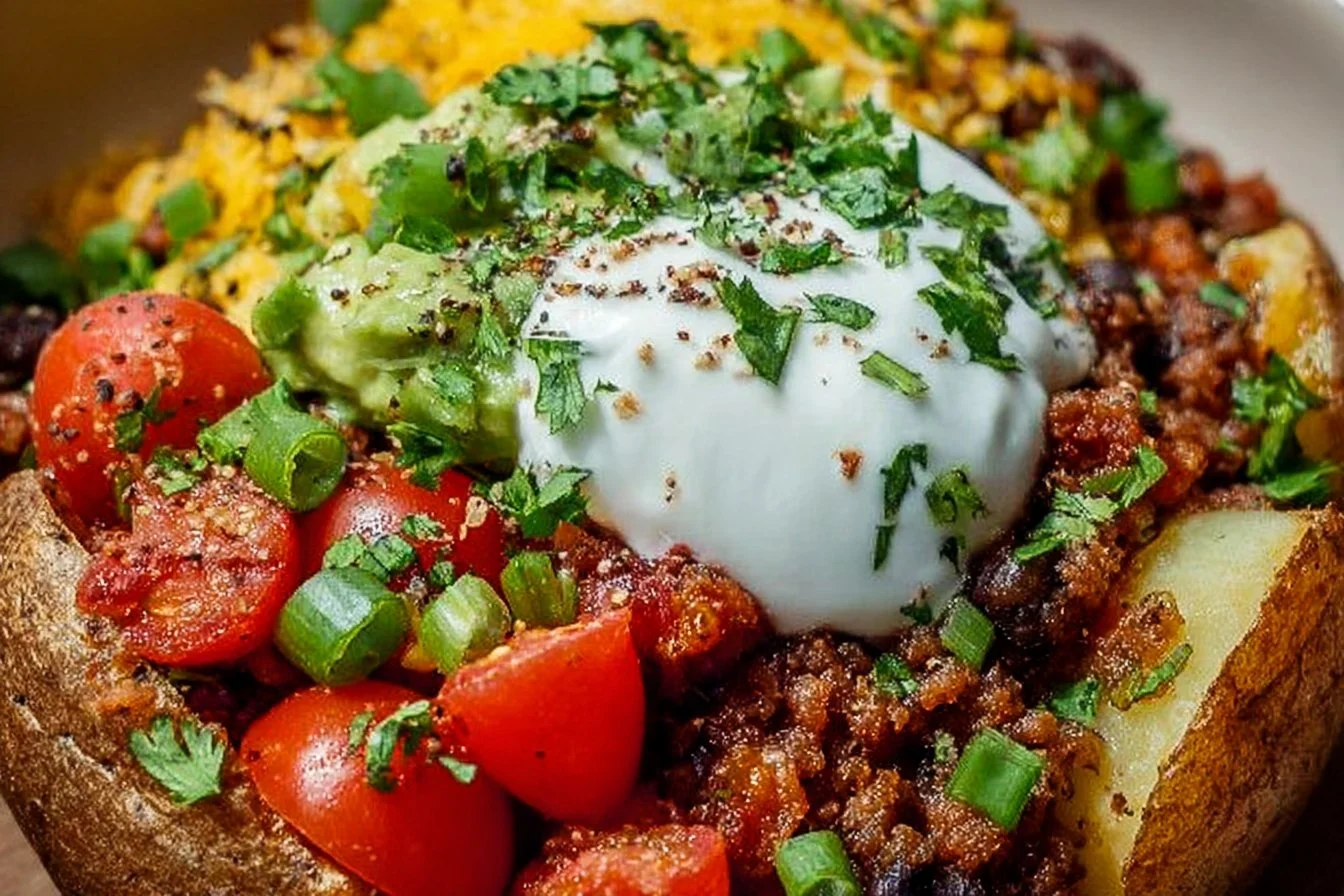 Delicious Loaded Potato Taco Bowl with toppings and ingredients on a plate