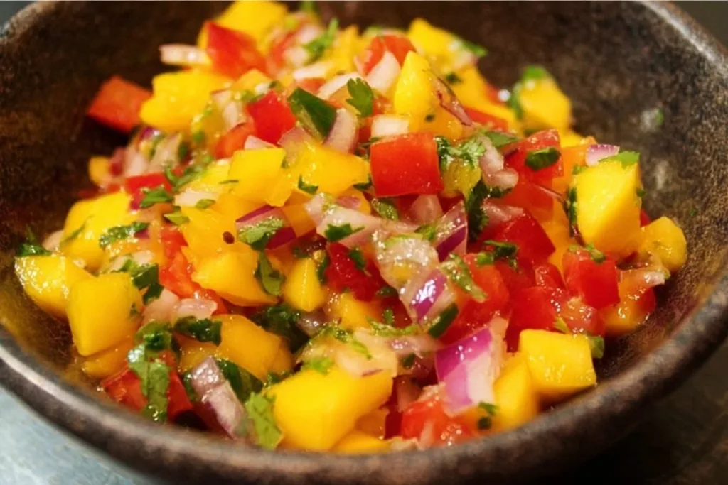 Bowl of fresh Mango Salsa with colorful ingredients