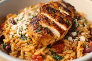 Delicious Mediterranean Chicken Orzo with colorful vegetables and herbs