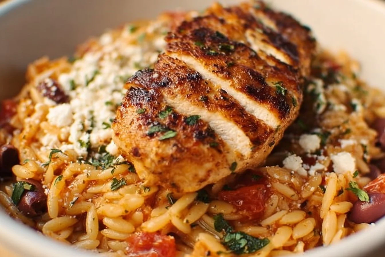Mediterranean Chicken Orzo 2 Delicious Mediterranean Chicken Orzo with colorful vegetables and herbs