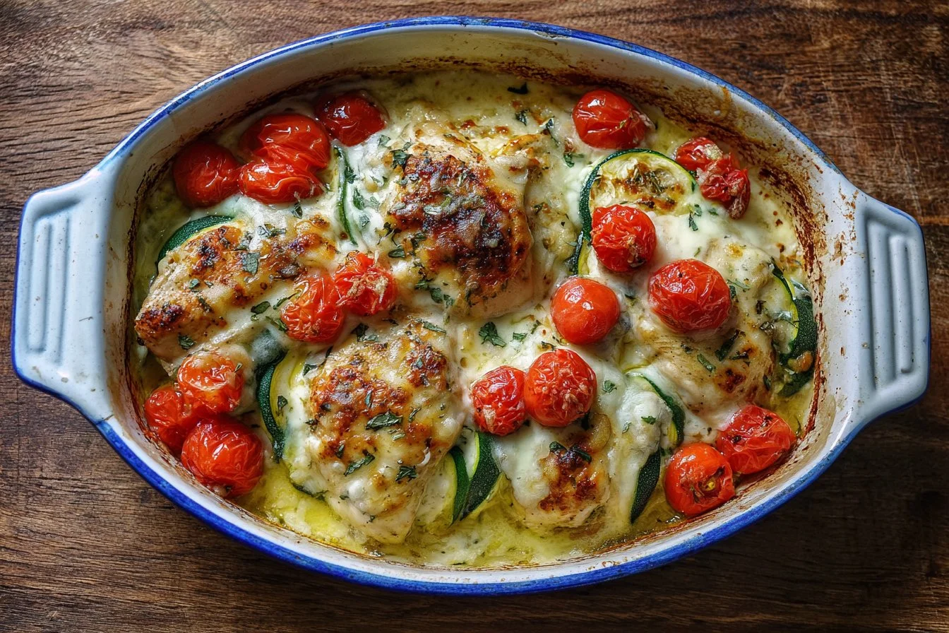 Mediterranean Chicken Zucchini Bake with fresh vegetables and herbs