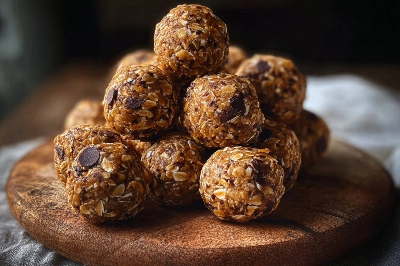 No-Bake Chocolate Peanut Butter Protein Balls ingredients and finished product