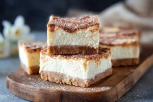 No Bake Keto Churro Cheesecake Bars topped with cinnamon and sugar-free glaze
