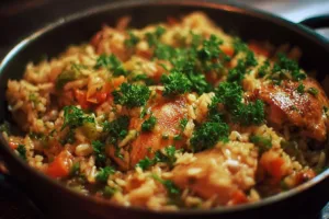 One-Pot Chicken and Rice dish with garnishes in a pot