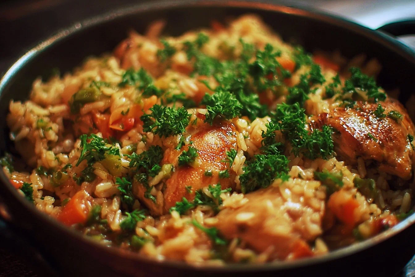 One-Pot Chicken and Rice dish with garnishes in a pot