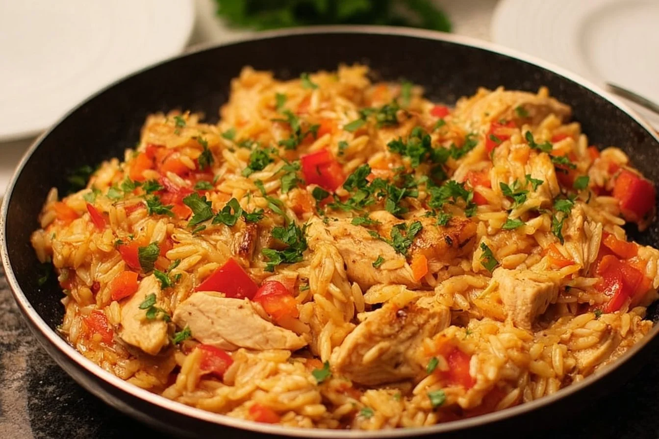 One pot red pepper chicken orzo served in a bowl with parsley garnish
