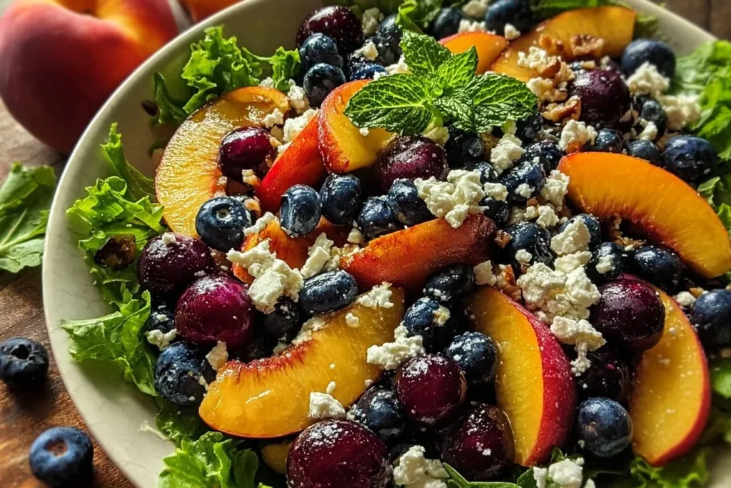Delicious Peach Blueberry Salad with Feta on a white plate