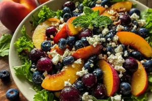 Delicious Peach Blueberry Salad with Feta on a white plate
