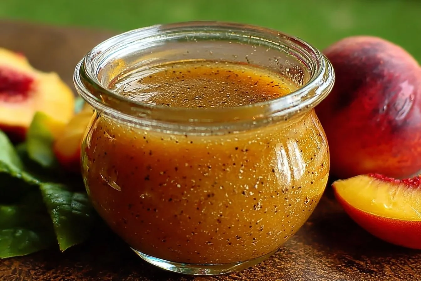 Bowl of Peach Honey Dijon Vinaigrette ready for salad dressing