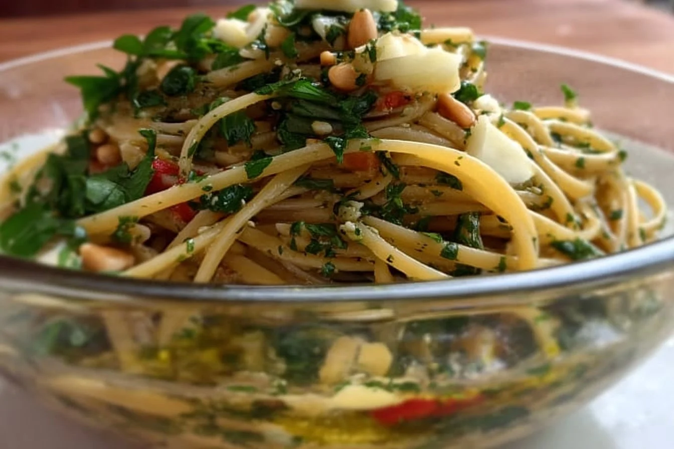 Pine Nut Pesto Linguini 2 Plate of Pine Nut Pesto Linguini with fresh basil and Parmesan cheese