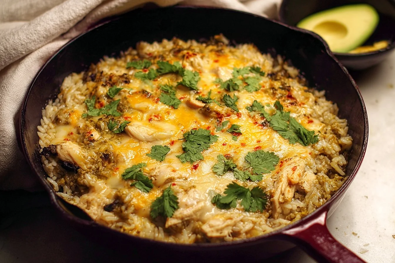 Salsa Verde Chicken & Rice Skillet served in a cast iron pan