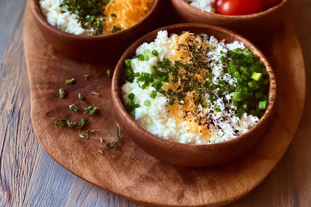 Delicious savory cottage cheese bowls with fresh toppings and herbs.