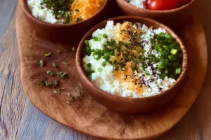Delicious savory cottage cheese bowls with fresh toppings and herbs.