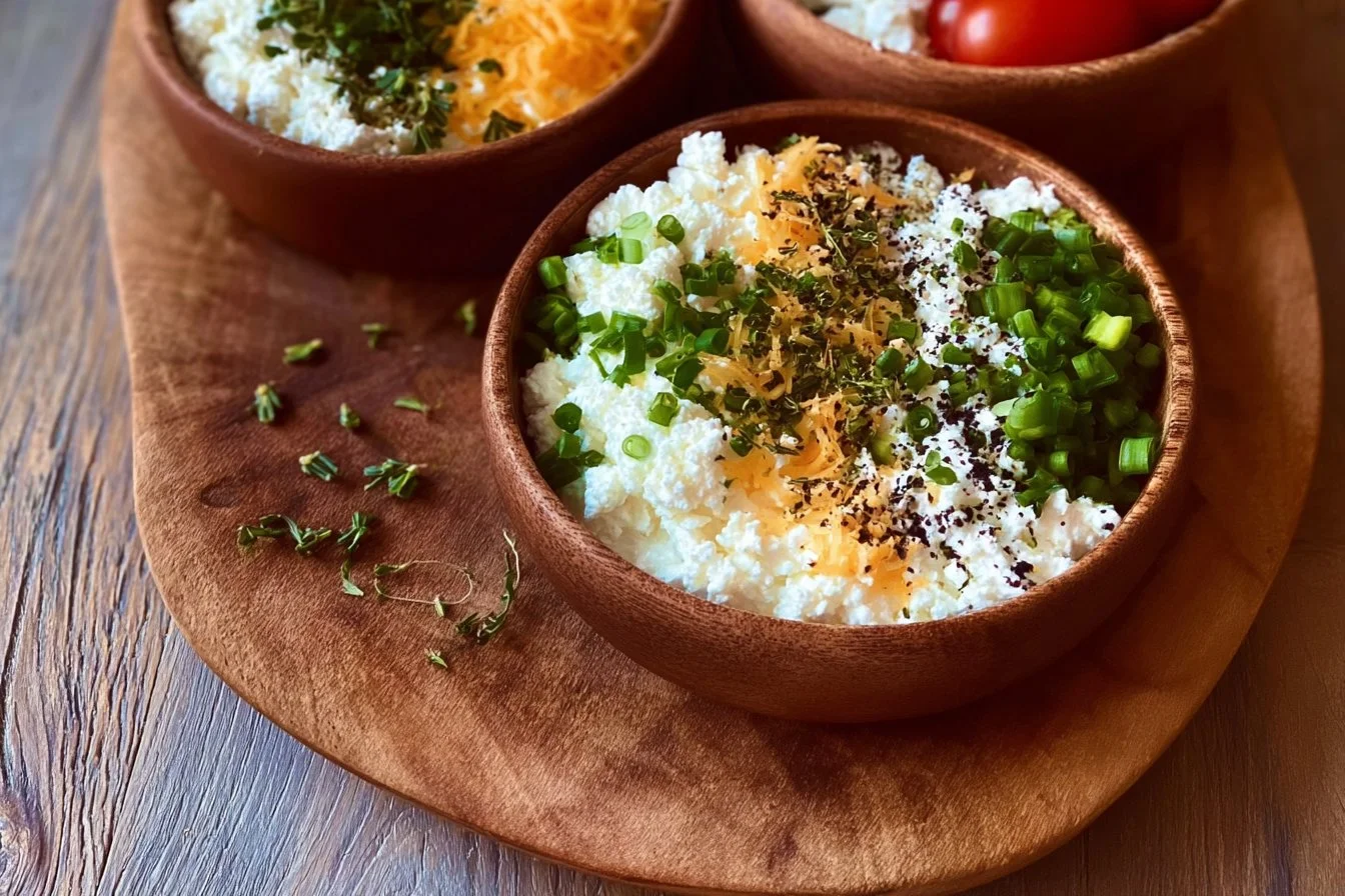 Delicious savory cottage cheese bowls with fresh toppings and herbs.