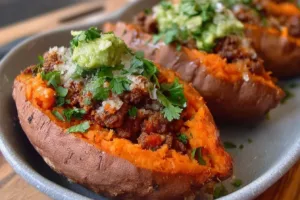 Savory stuffed sweet potato filled with beef and garnished with herbs.