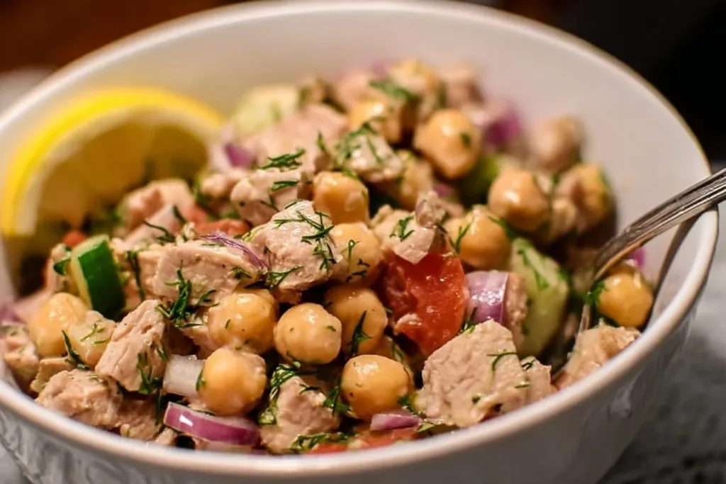 A vibrant simple tuna garbanzo bean salad served in a bowl, garnished with herbs.