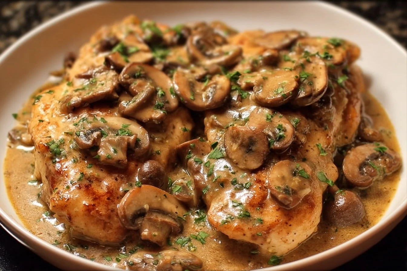 Skillet Chicken and Mushroom Wine Sauce 2 Skillet chicken served with mushroom wine sauce in a delicious meal