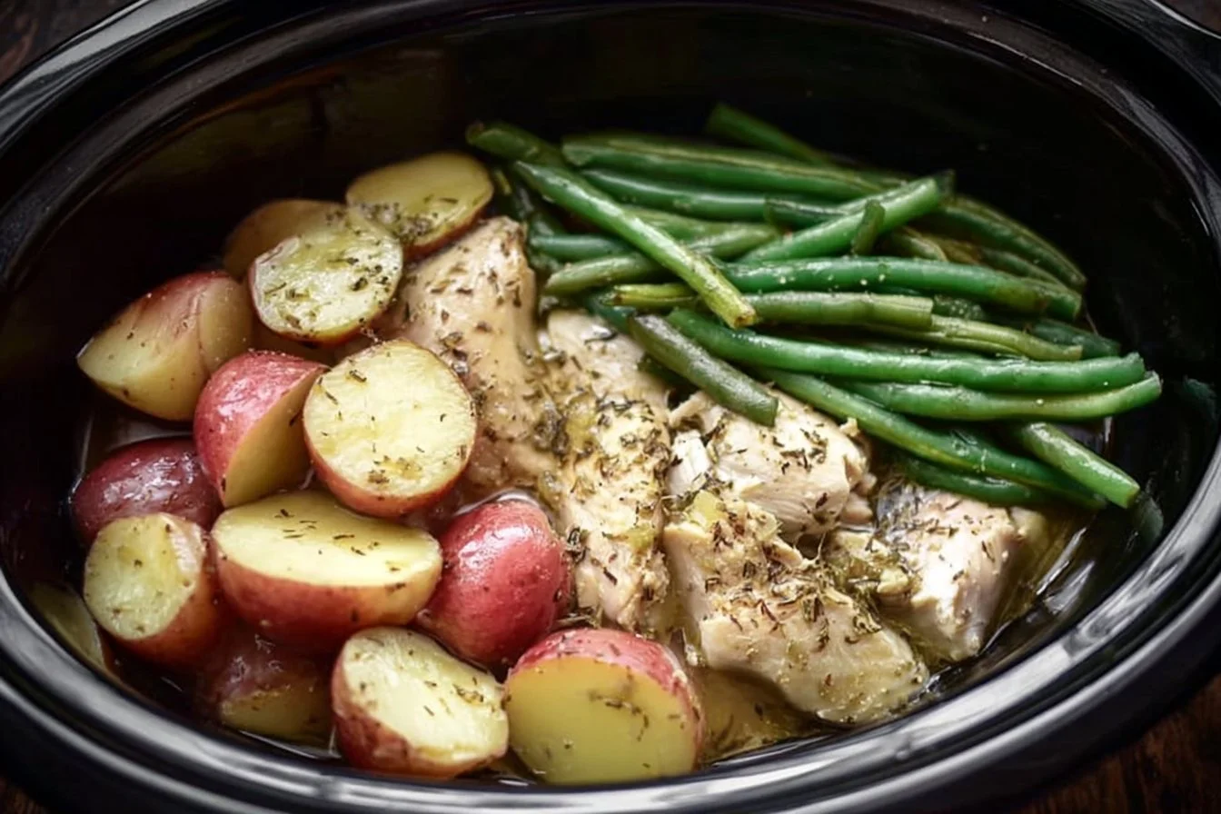 Slow cooker chicken, potatoes, and green beans dish in a serving bowl