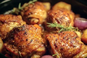 Slow cooker chicken thighs served with vegetables on a plate