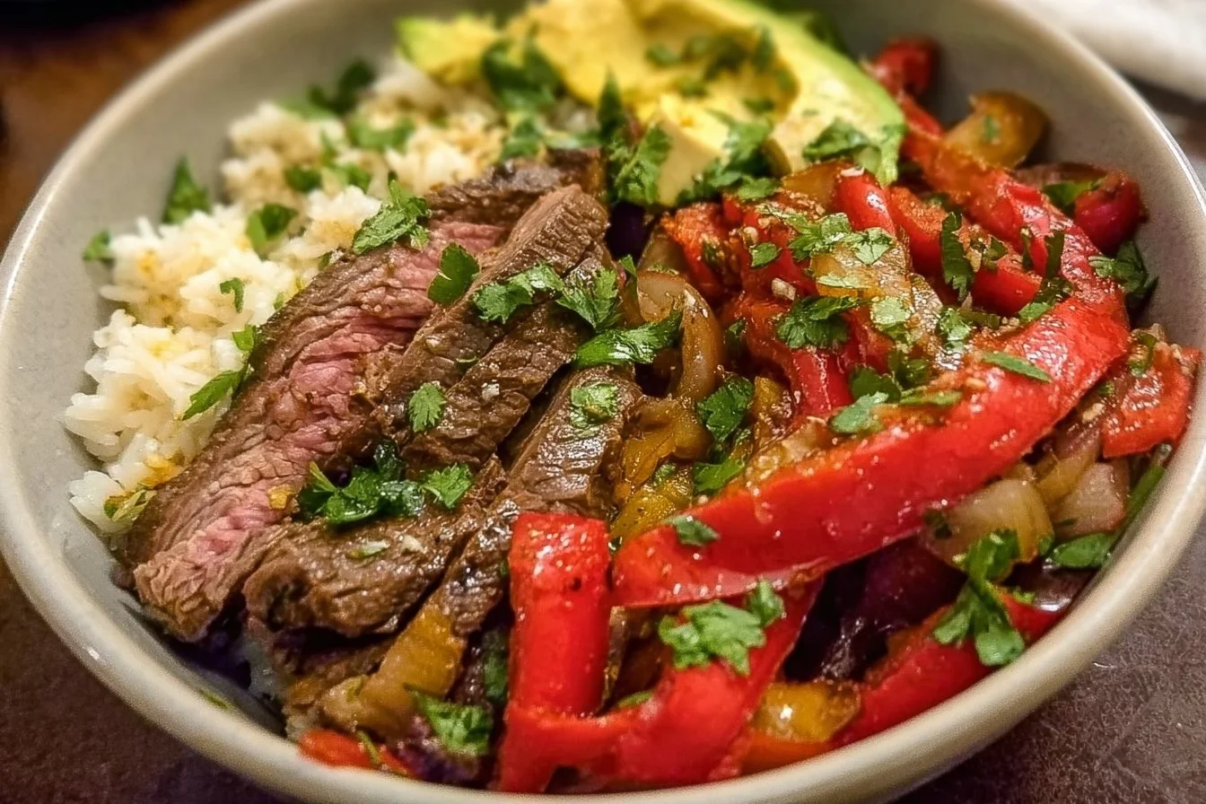 Healthy Steak Fajita Bowl with marinated steak and fresh vegetables