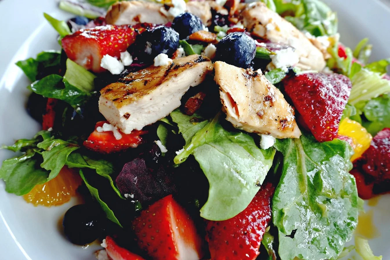 Strawberry Blueberry Chicken Salad with Orange Vinaigrette in a bowl