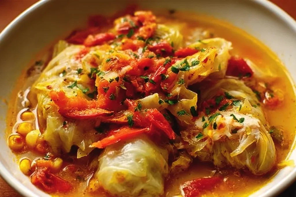 Bowl of stuffed cabbage soup garnished with herbs and served with bread.