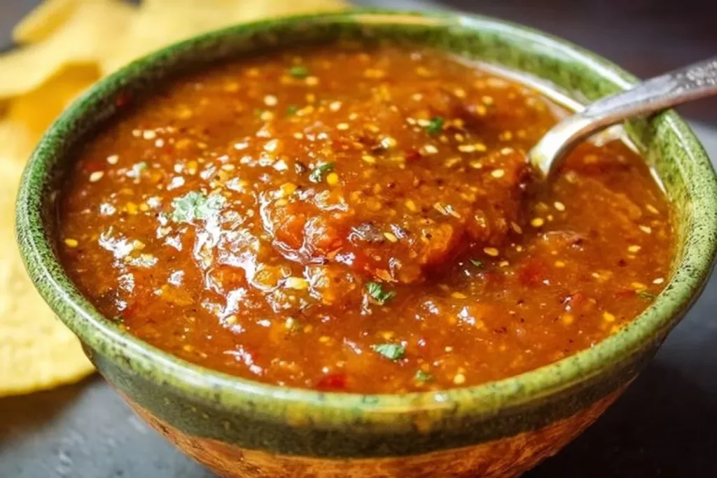Sweet and Spicy Chipotle Salsa in a bowl, garnished with fresh herbs