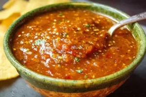 Sweet and Spicy Chipotle Salsa in a bowl, garnished with fresh herbs