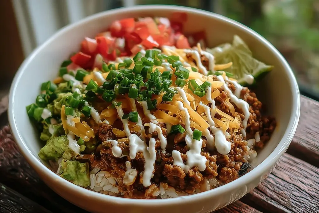 Colorful Taco Rice Bowl with fresh toppings and ingredients