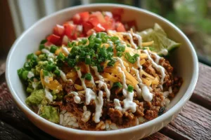 Colorful Taco Rice Bowl with fresh toppings and ingredients
