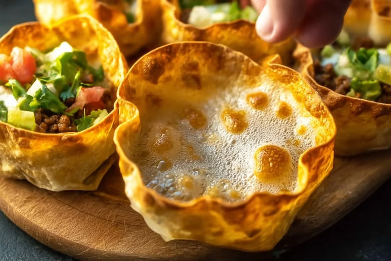 Colorful taco salad bowls filled with fresh ingredients and toppings.