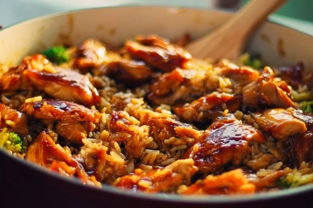 Delicious teriyaki chicken casserole topped with green onions and sesame seeds
