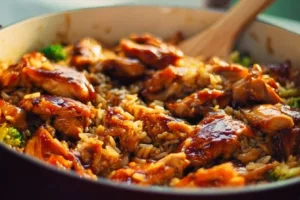 Delicious teriyaki chicken casserole topped with green onions and sesame seeds