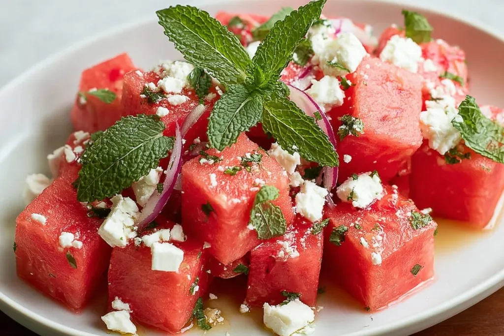 Watermelon feta salad with fresh mint and vibrant colors in a bowl