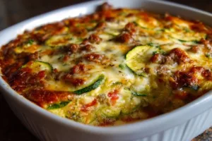 Delicious Zucchini Pizza Casserole served in a colorful baking dish
