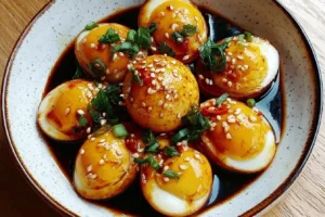 Bowl of addictive Mayak Eggs marinated in soy sauce and spices.