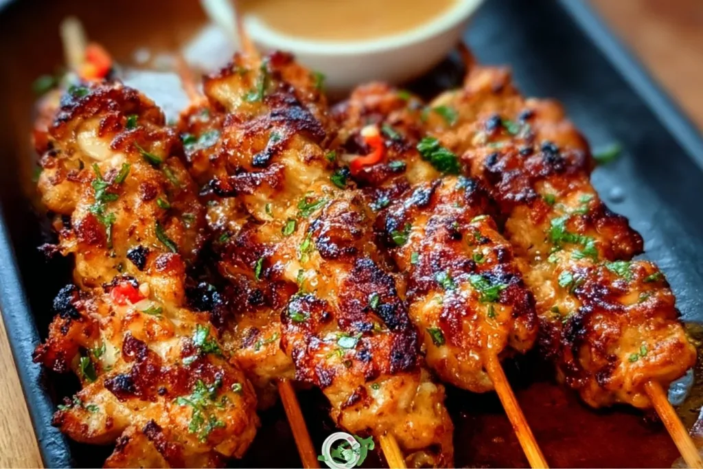 Air Fryer Bang Bang Chicken Skewers served on a plate with dipping sauce