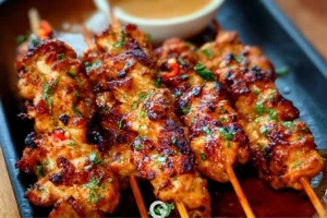 Air Fryer Bang Bang Chicken Skewers served on a plate with dipping sauce
