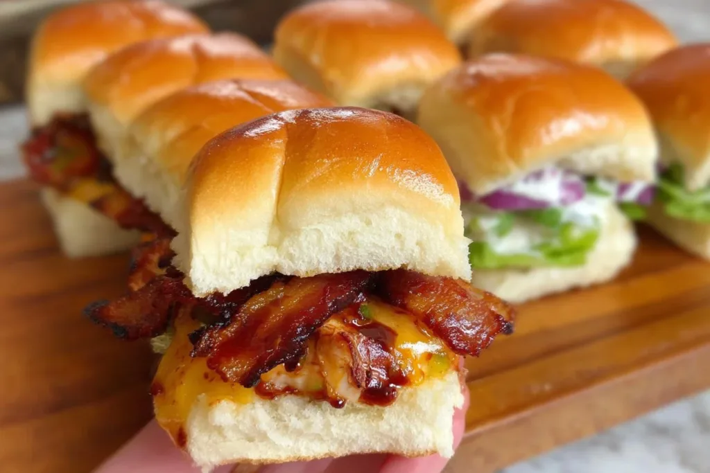 Bacon Ranch BBQ Chicken Sliders 5 Bacon Ranch BBQ Chicken Sliders served on a platter
