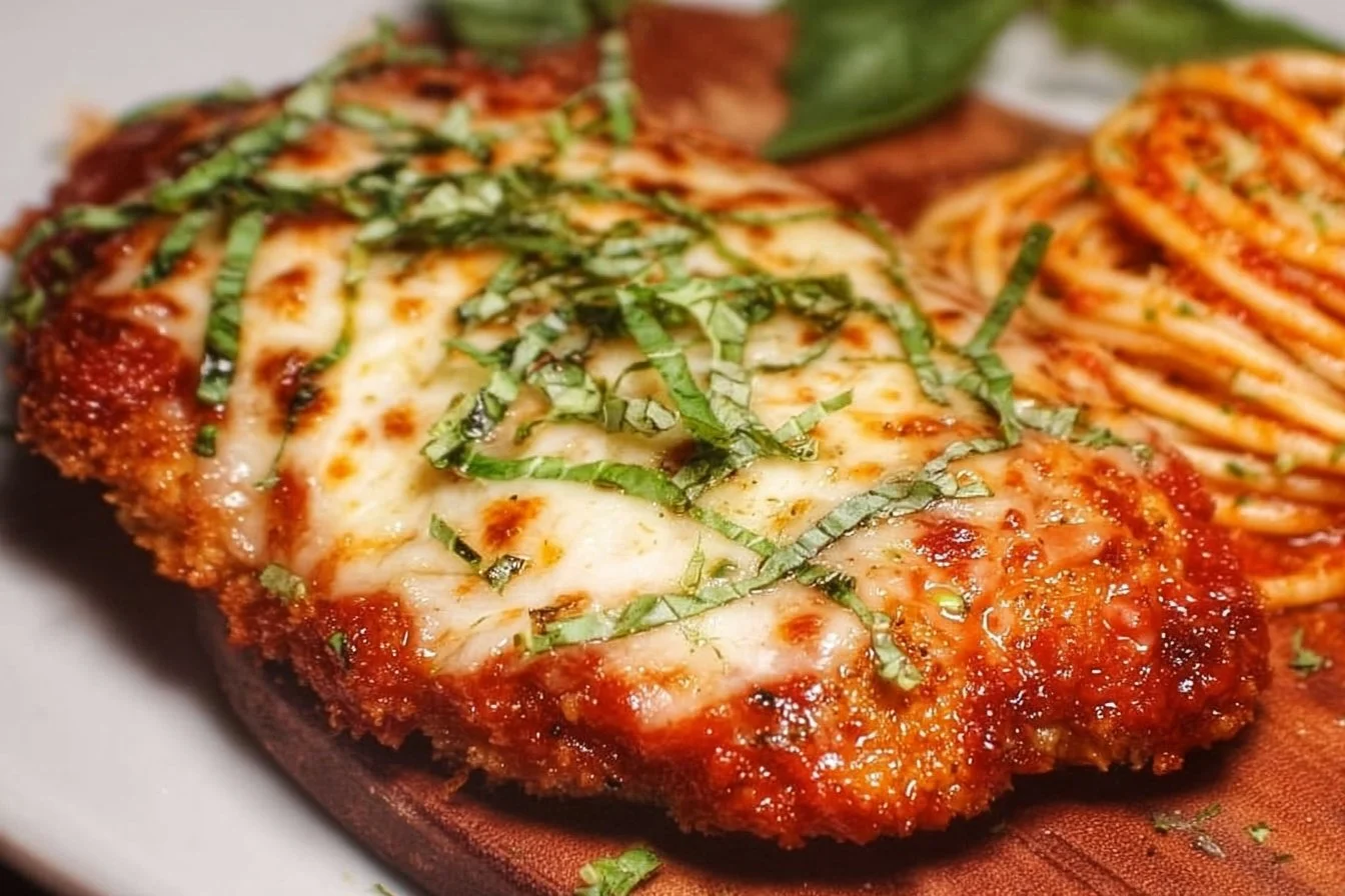 Baked Chicken Parmesan served with a side of pasta and marinara sauce