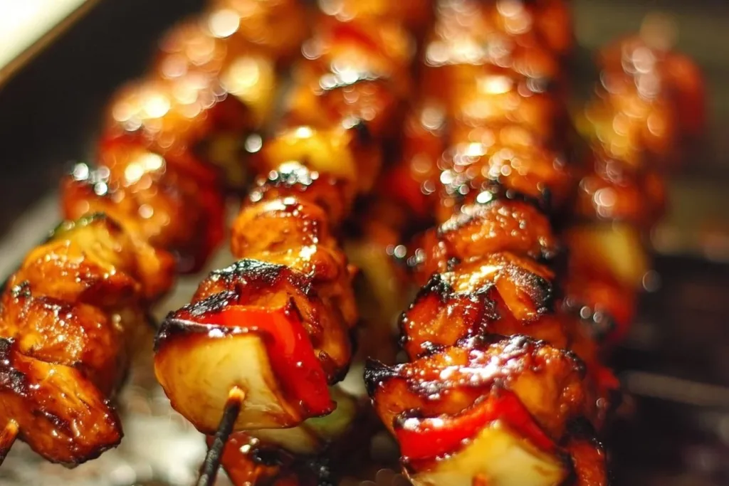 BBQ-Teriyaki Chicken Kabobs 5 BBQ-Teriyaki Chicken Kabobs on the grill garnished with fresh vegetables
