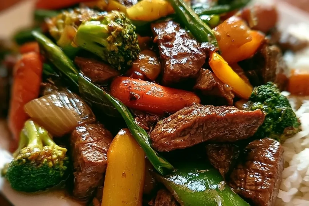 Beef stir fry with colorful vegetables in a skillet