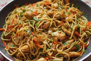 Delicious plate of best ever chicken chow mein with colorful vegetables and chicken.