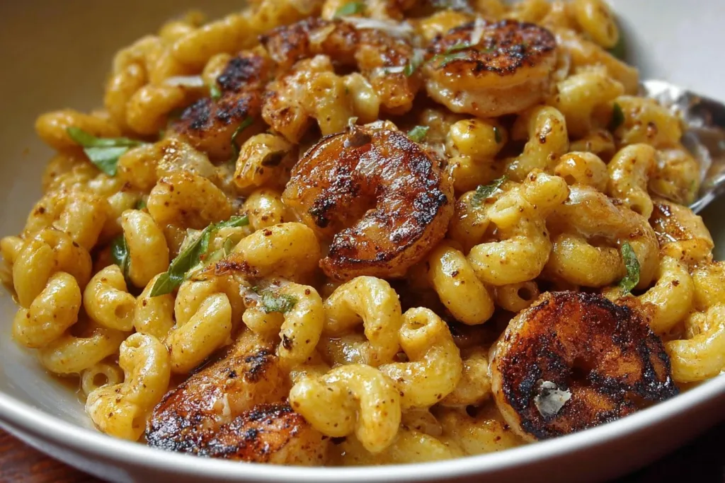 Blackened shrimp cavatappi pasta dish with spices and herbs