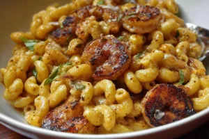 Blackened shrimp cavatappi pasta dish with spices and herbs