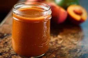 Bourbon Peach BBQ Sauce jar with peaches and bourbon bottle