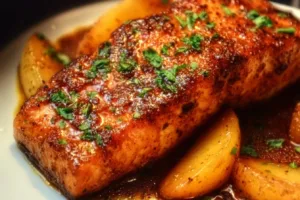 Bourbon Peach Roasted Salmon garnished with fresh herbs and peach slices