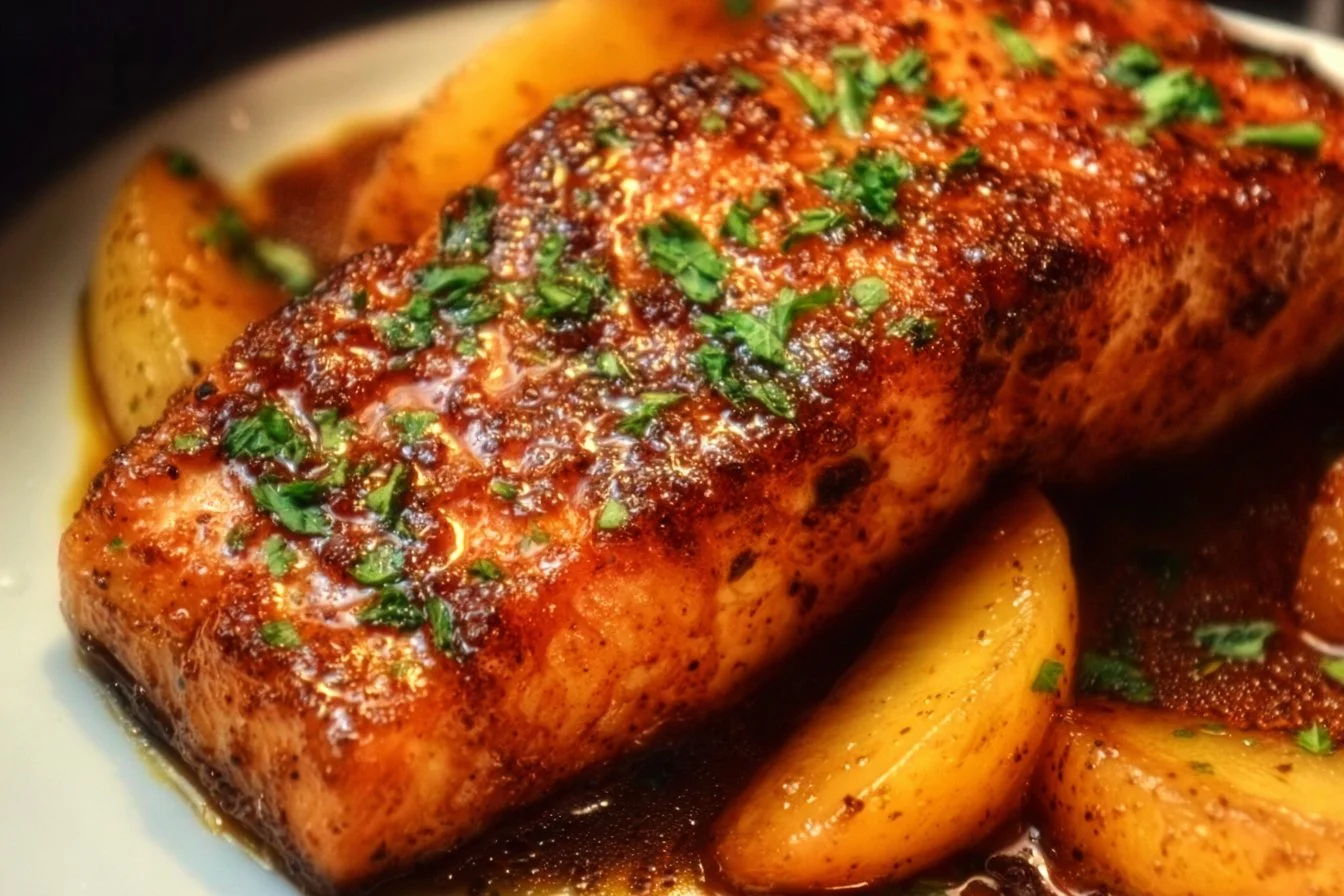 Bourbon Peach Roasted Salmon garnished with fresh herbs and peach slices