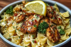 Cajun Chicken Bowtie Pasta with Cowboy Butter Lemon Sauce served in a bowl