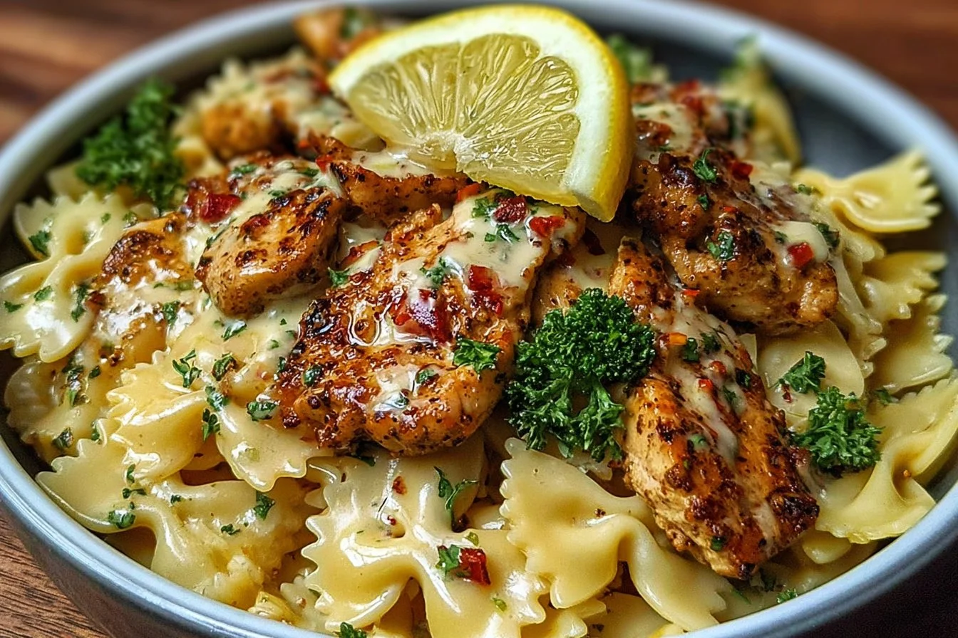 Cajun Chicken Bowtie Pasta with Cowboy Butter Lemon Sauce served in a bowl